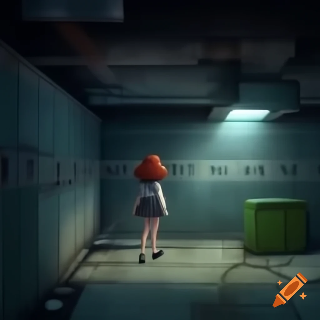 Girl with red hair navigating concrete labyrinth captured by security camera