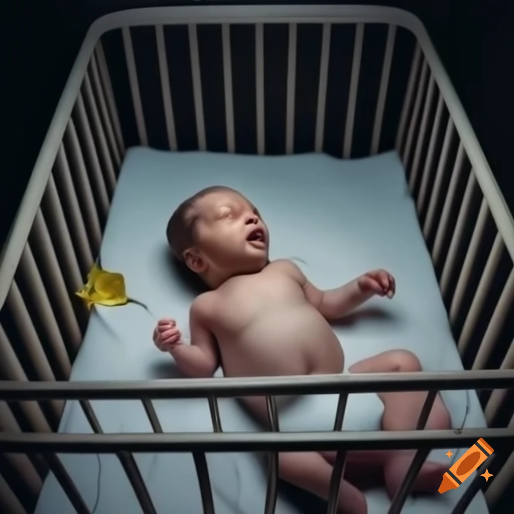 Baby in crib listening to tape in dystopian setting