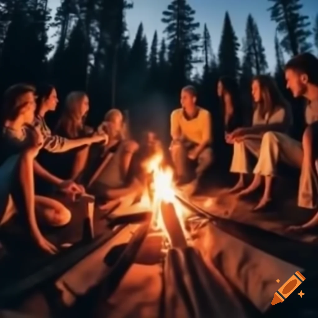 Group of people enjoying a party around a campfire