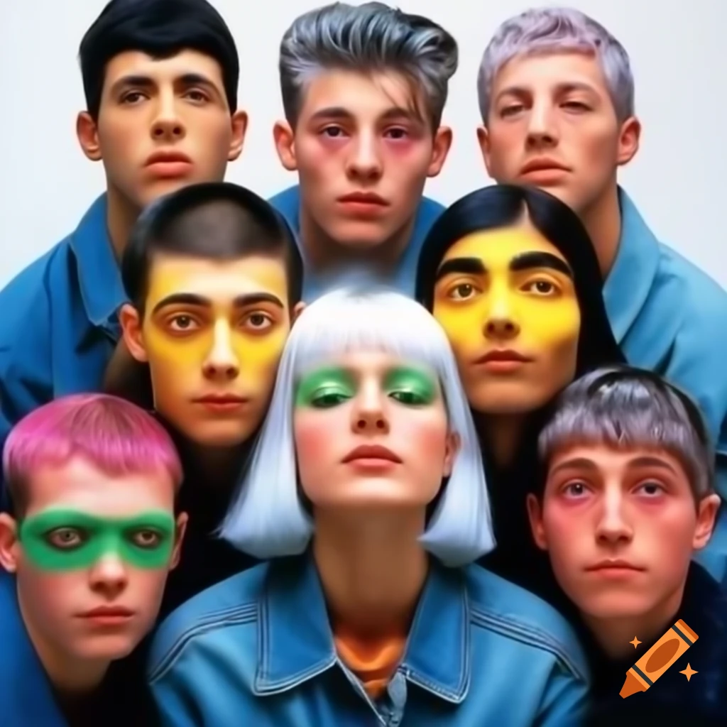 1990s boyband poster featuring five members with frosted tips and denim attire