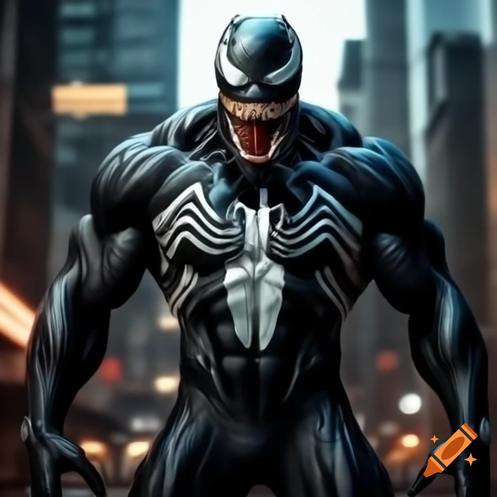 Ironman suit with Venom design in a neon city setting