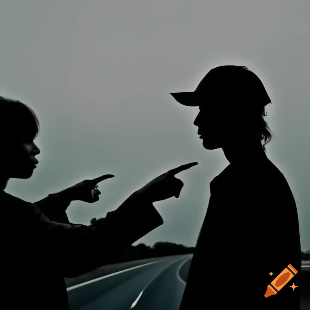 Silhouette of two people hitchhiking on a highway