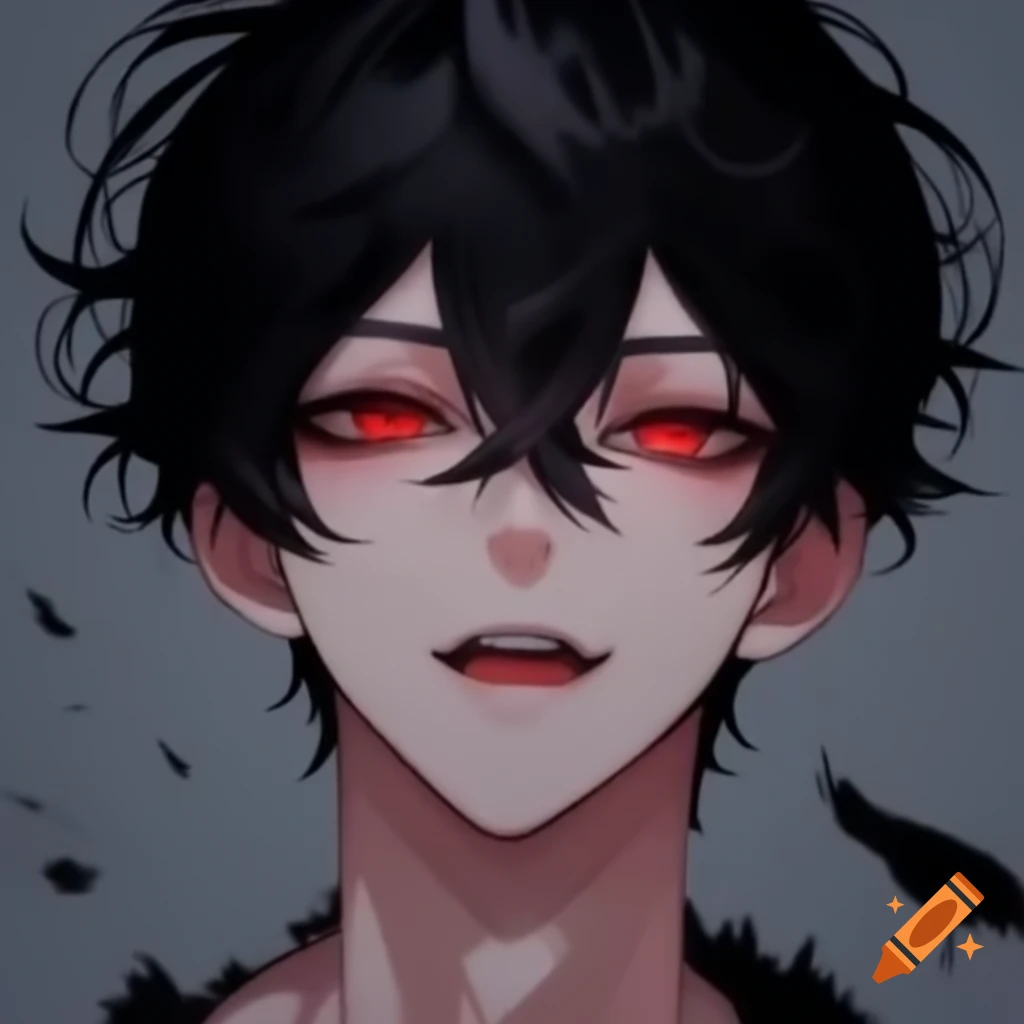 Stylish anime character with red eyes and messy dark hair