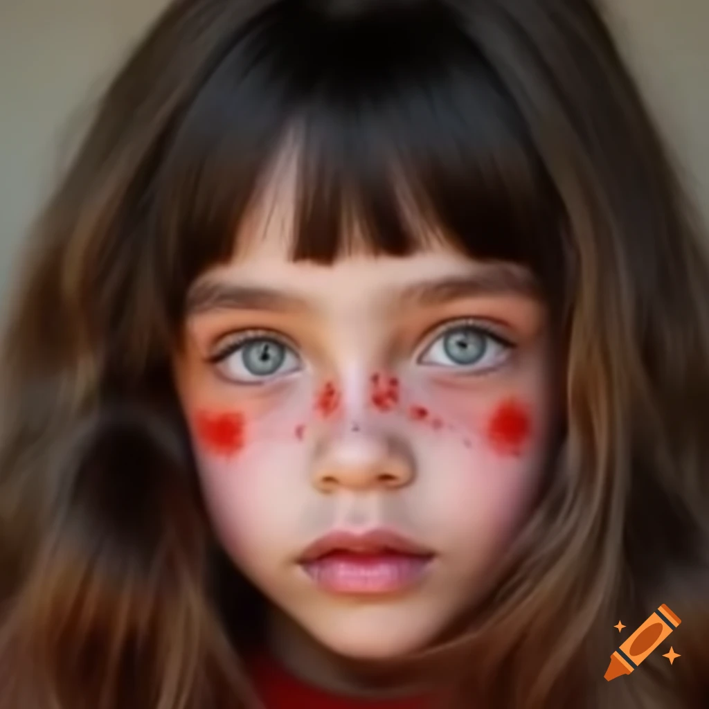 Child with straight hair, dark skin, and green eyes, depicted cheerfully