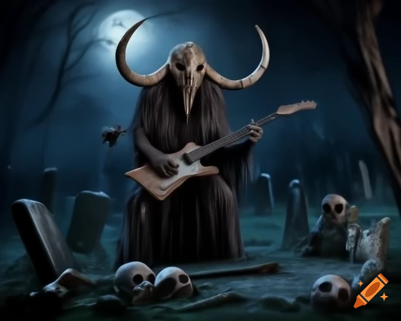 Heavy metal band performing with skull and bone guitars in misty graveyard at night