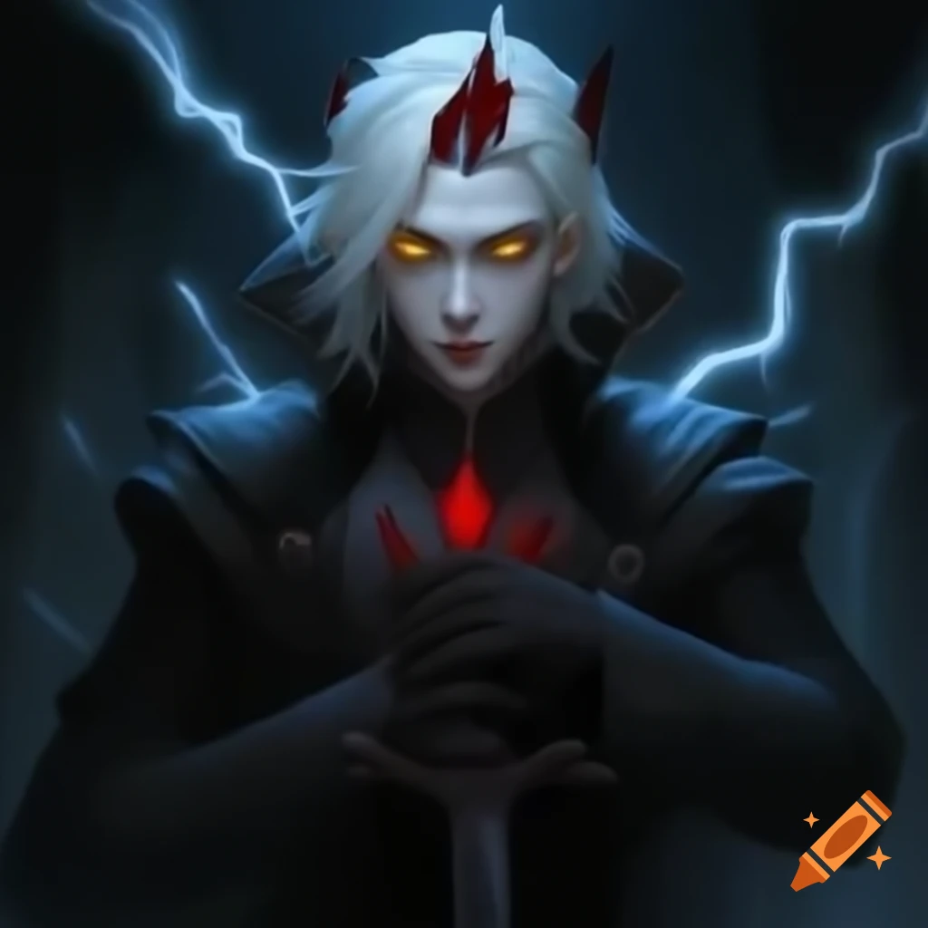 Handsome vampire prince with white hair and yellow eyes holding sword, dramatic lightning