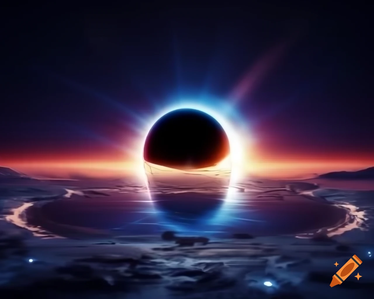 Hyperrealistic black hole in space scene with stars and blue-orange rim lights