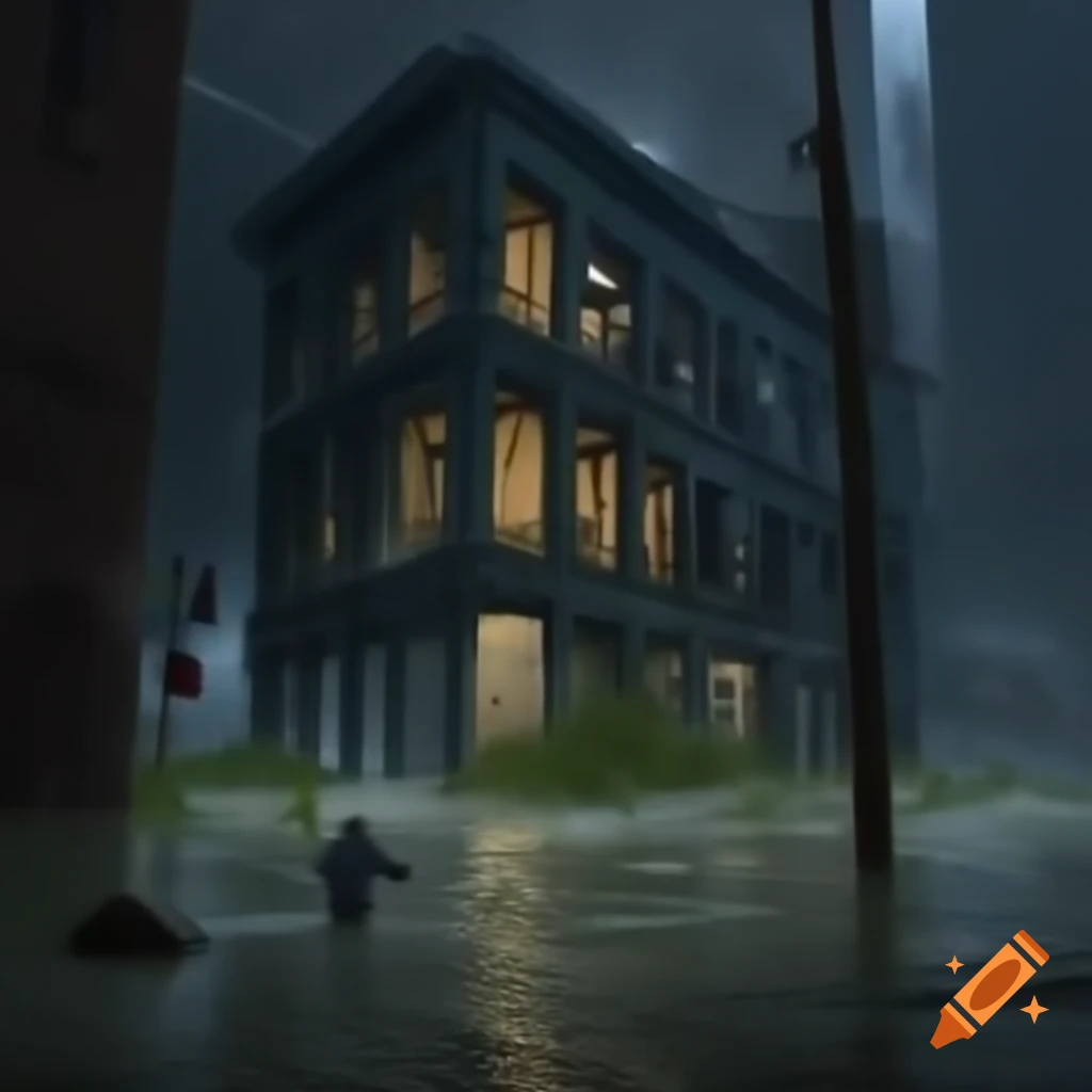 Flooded New York City with broken buildings and undead figures