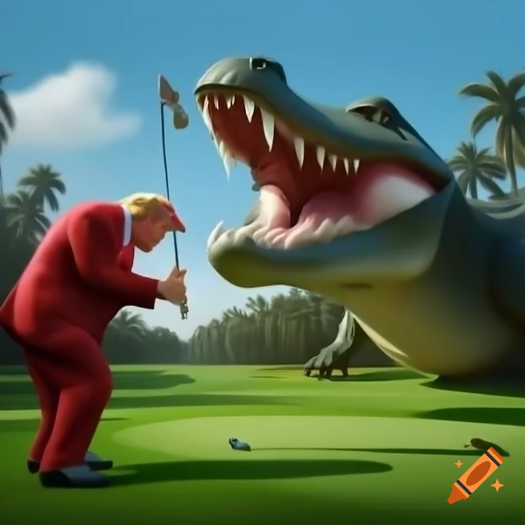 Satirical portrayal of a humorous scene with Trump golfing and an angry alligator chase