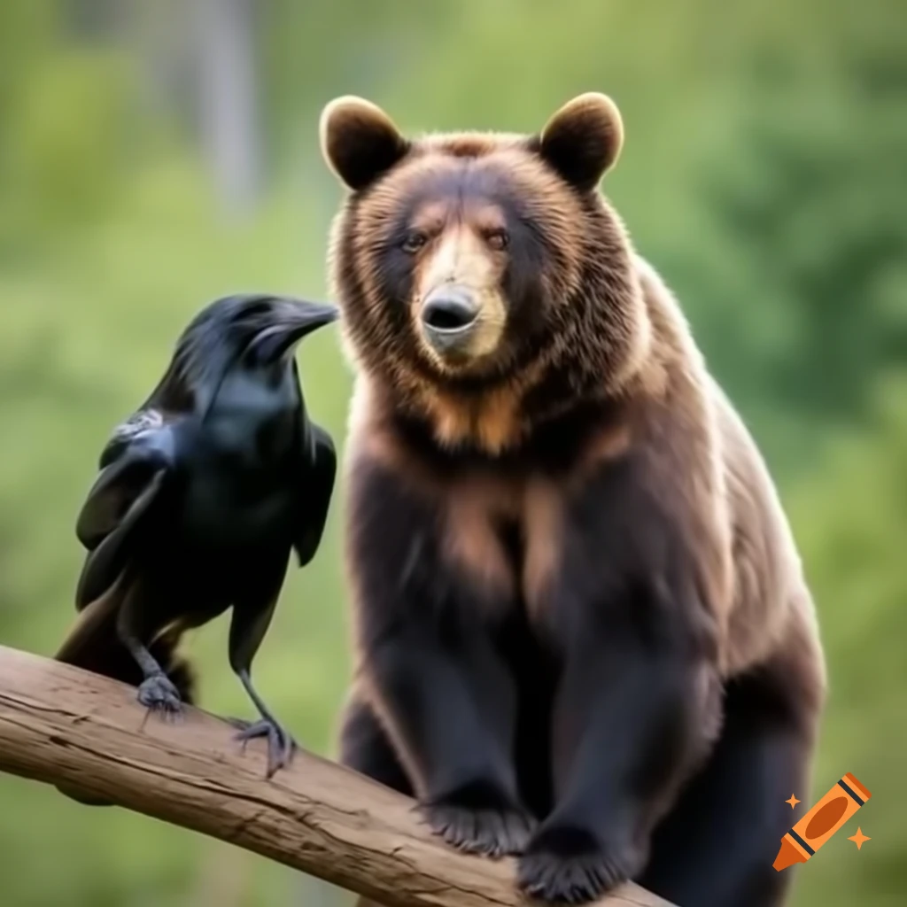 Bear seated beside a crow on a tree branch