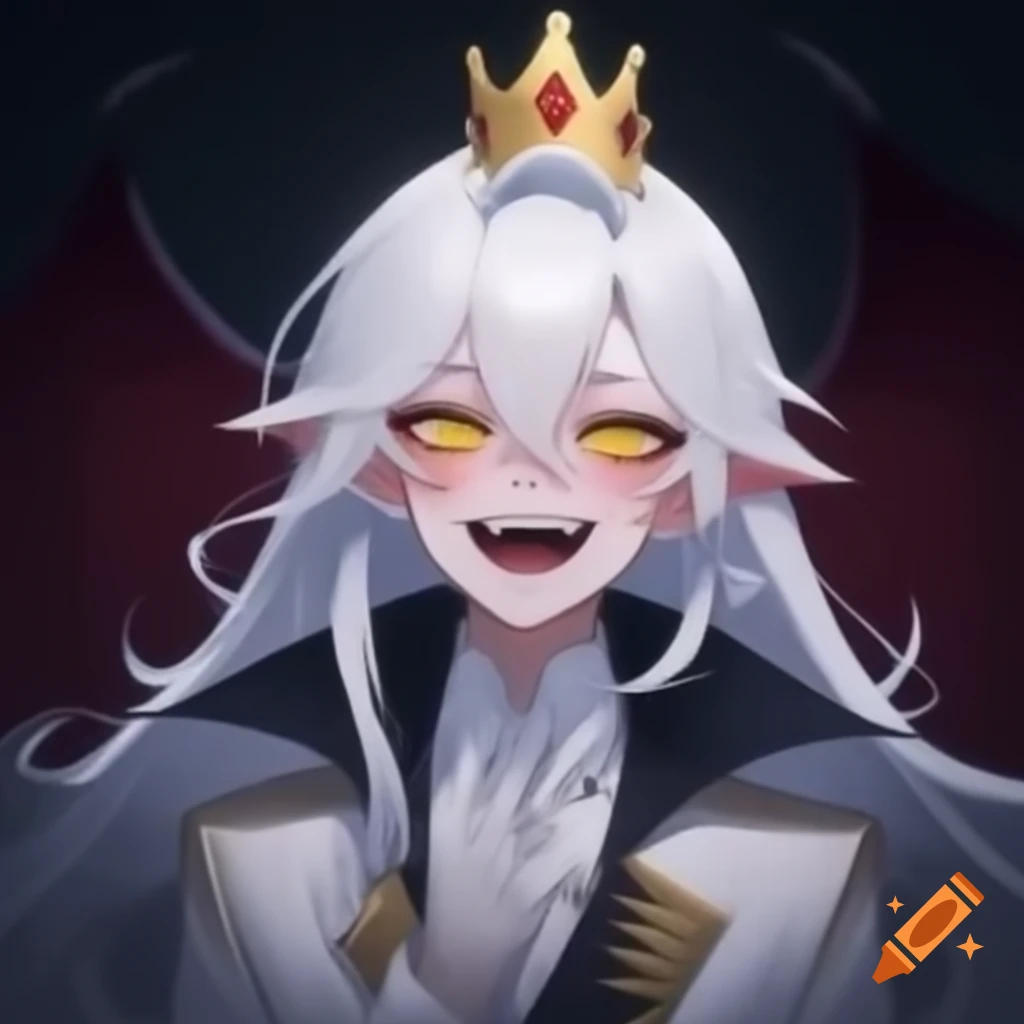 Young vampire prince in white suit and crown with yellow eyes laughing