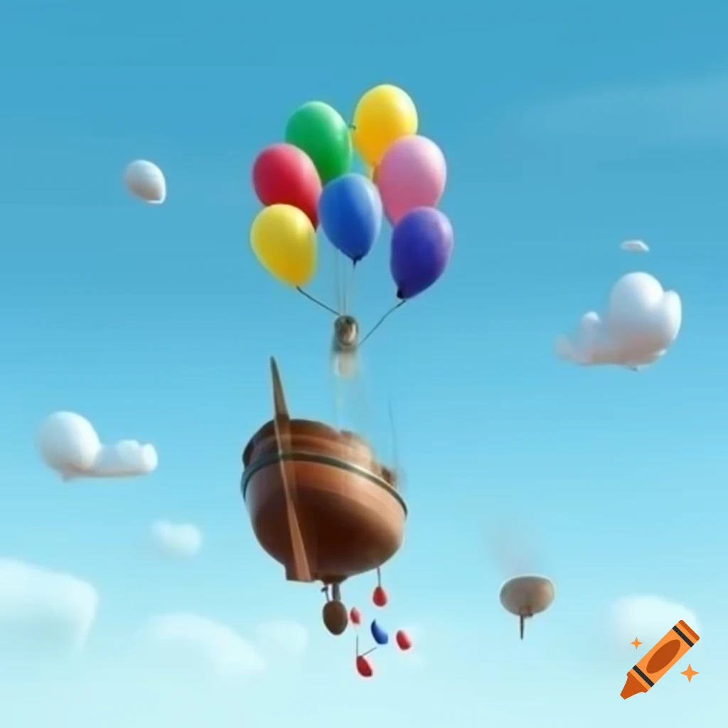 Airship connected to seven colorful balloons floating in the sky