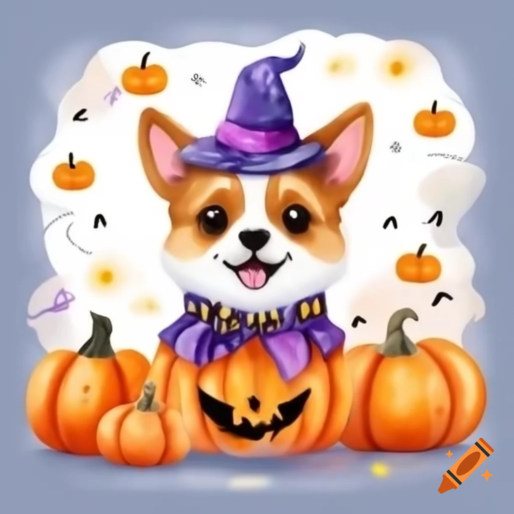 Dogs in Halloween costumes with pumpkins