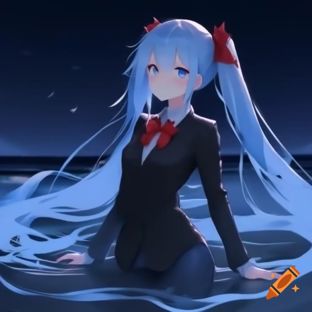 Anime young woman with blue hair in twin tails wearing black suit on beach at midnight