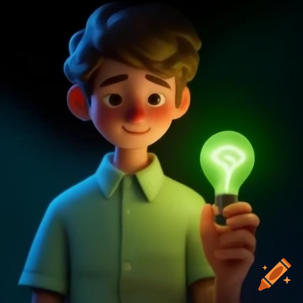 Young man holding glowing green lightbulb