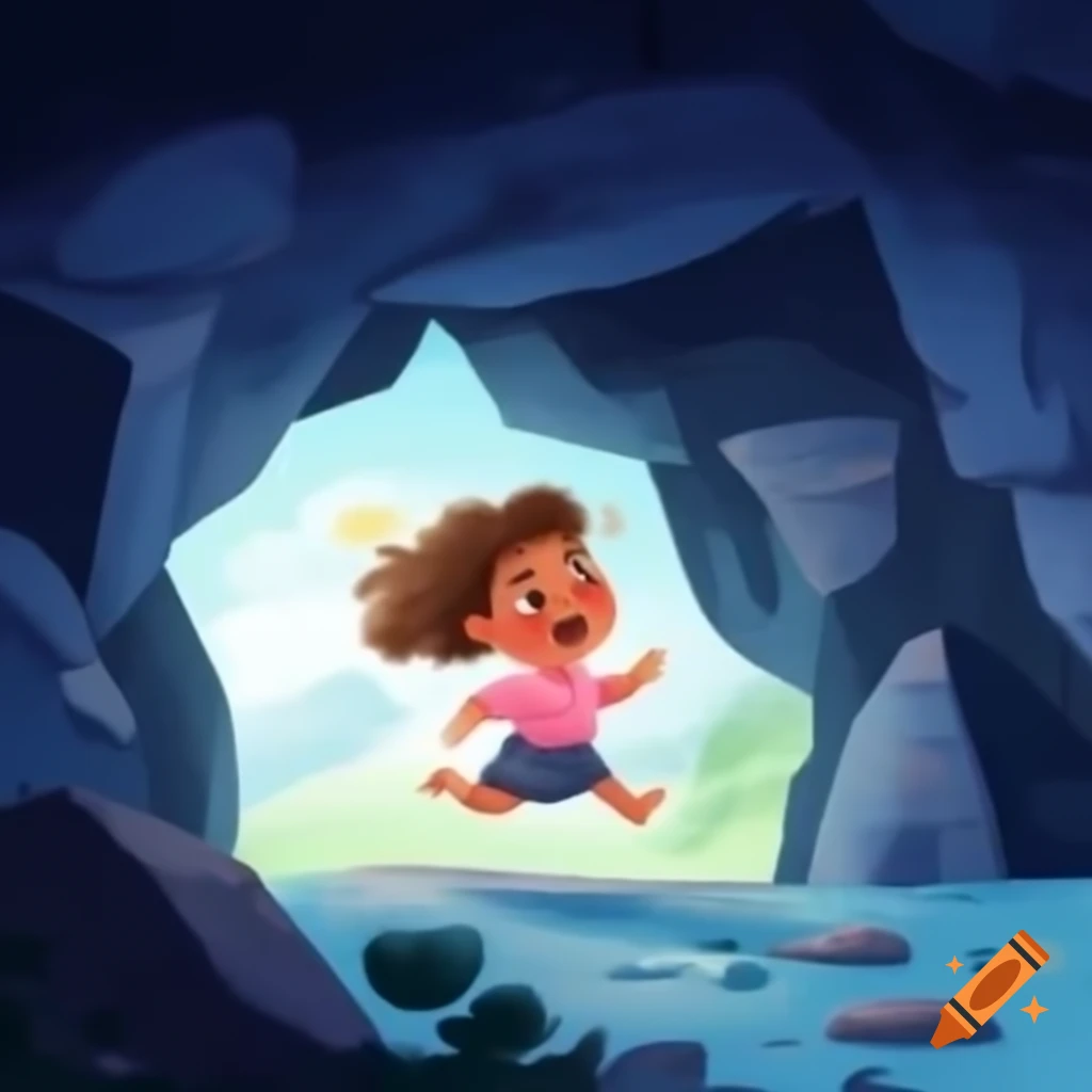 Toddler girl running in a cave, kawaii style