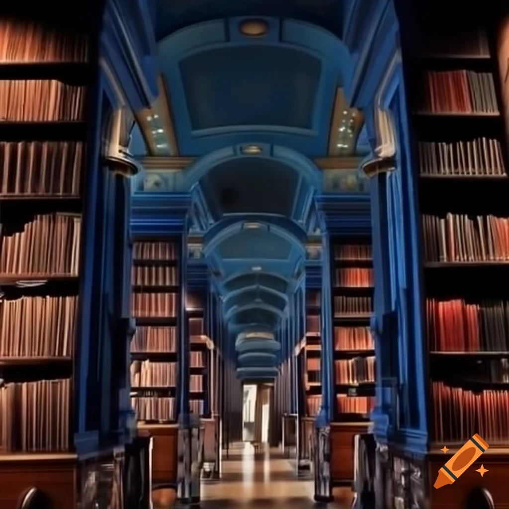 Beautiful bookshelves in blue oriental library, illuminated design