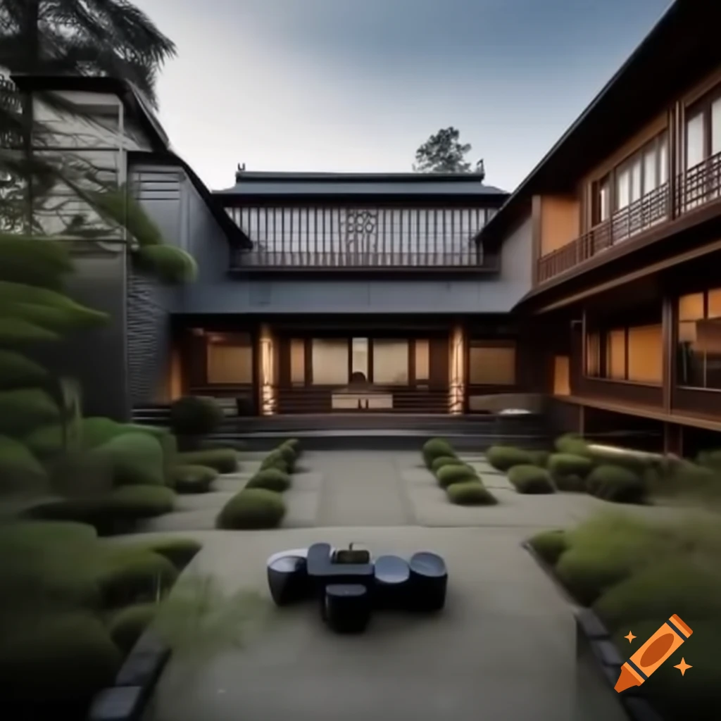 Japanese and Pacific Northwest inspired manor design with large courtyard and dining hall