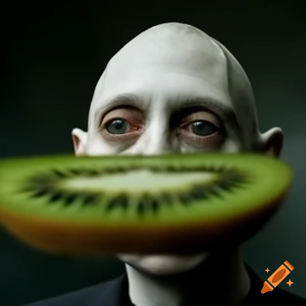 Humorous scene of a character sticking a fruit up nose