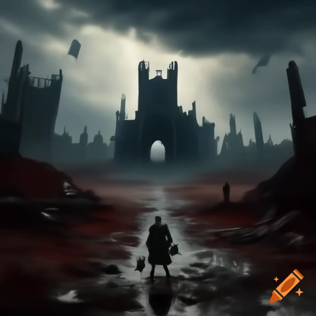 Ruined Gothic castles in a desolate medieval landscape with stormy sky