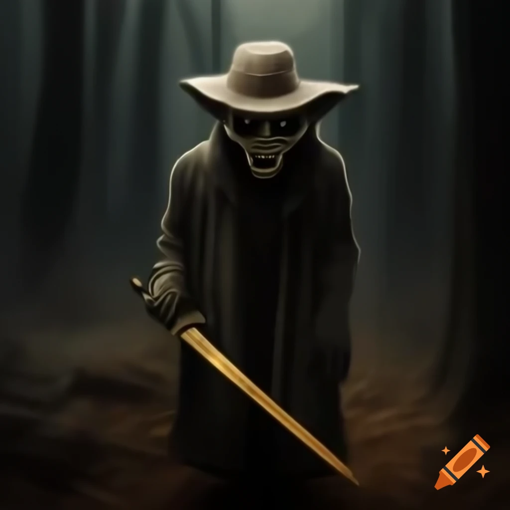 Scary horror character with scars and golden sword, approaching camera