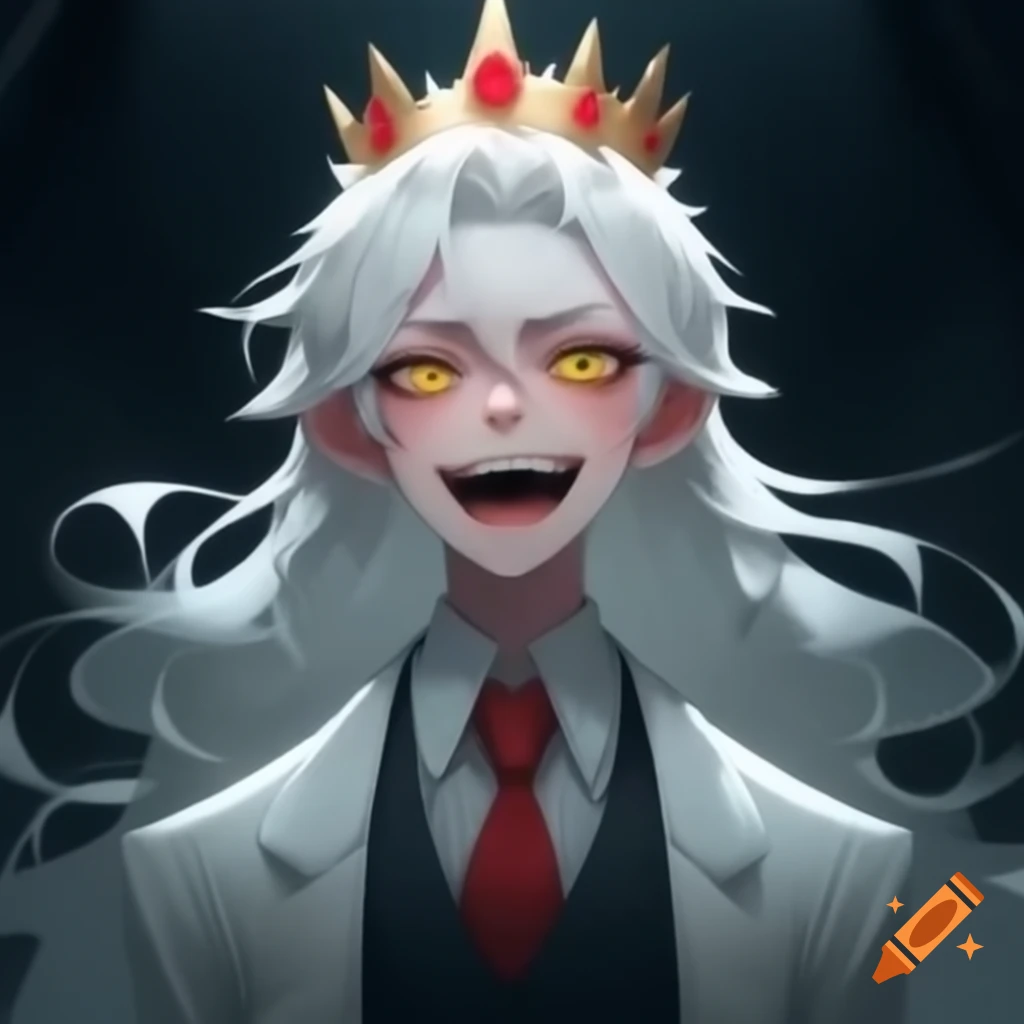 Young vampire prince with white hair and crown laughing evilly