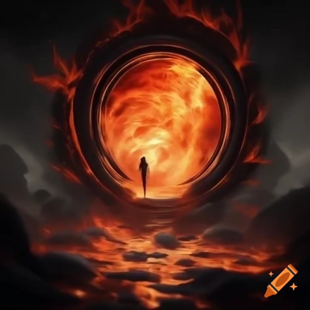 Japanese style portal to hell with visible flames