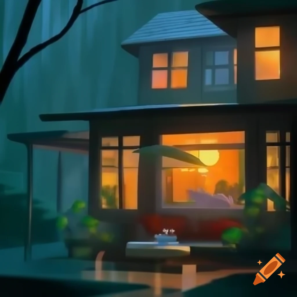 Cozy two-story house interior with comfortable sofa and rainy weather outside