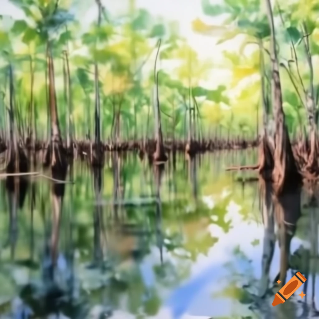 Watercolor view of Atchafalaya Swamp