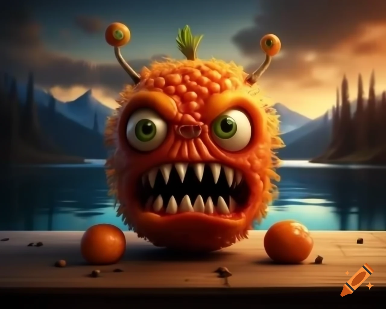 Hyper-realistic 3D orange fruit monster with human features on wooden table