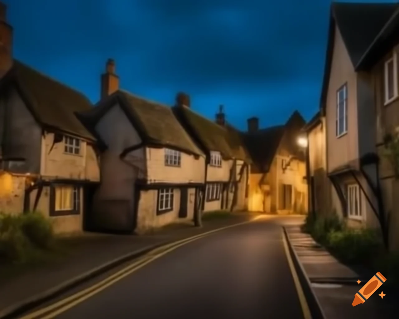 Medieval village in England illuminated at night