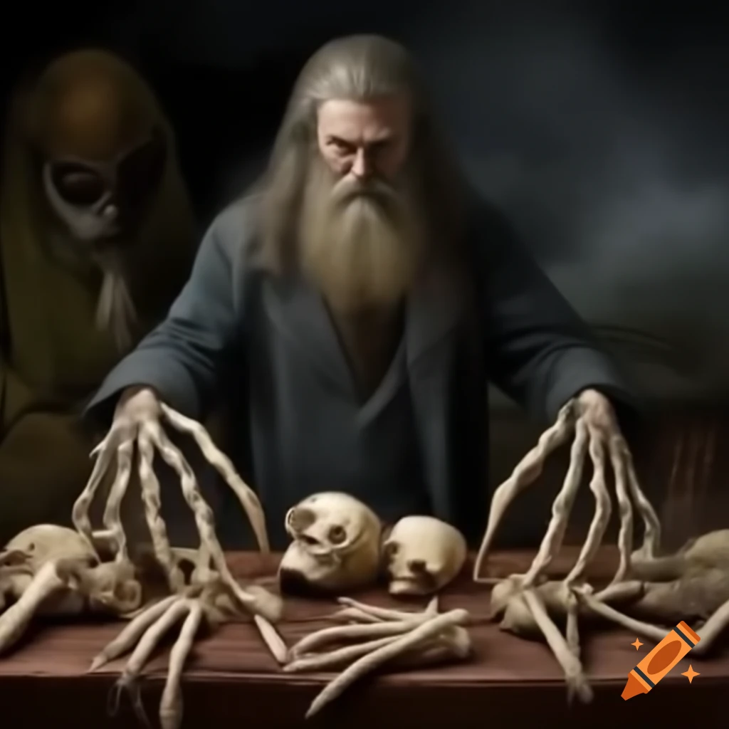 Bearded man offering animal spine skeletons to blob figure at outdoor market, eerie atmosphere