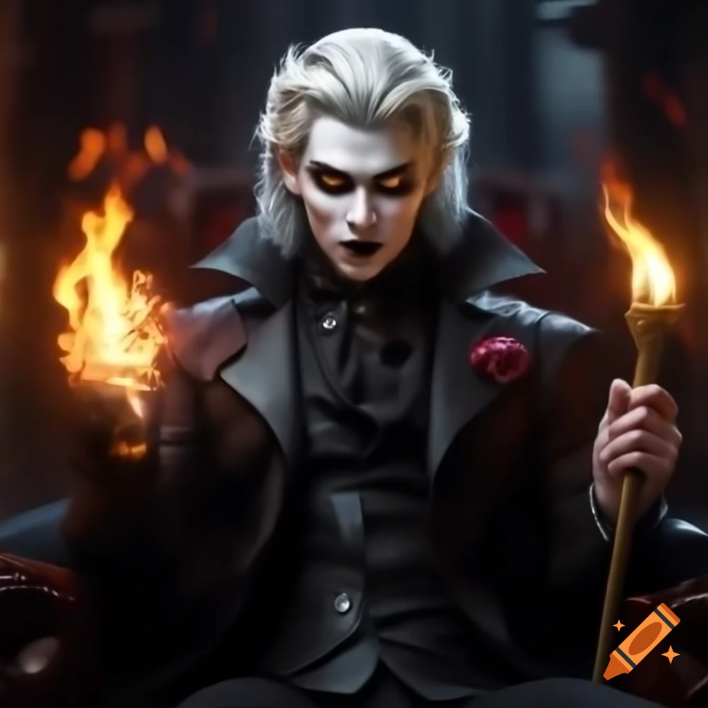 Vampire prince with white hair and yellow eyes in black suit, holding scepter and surrounded by flames