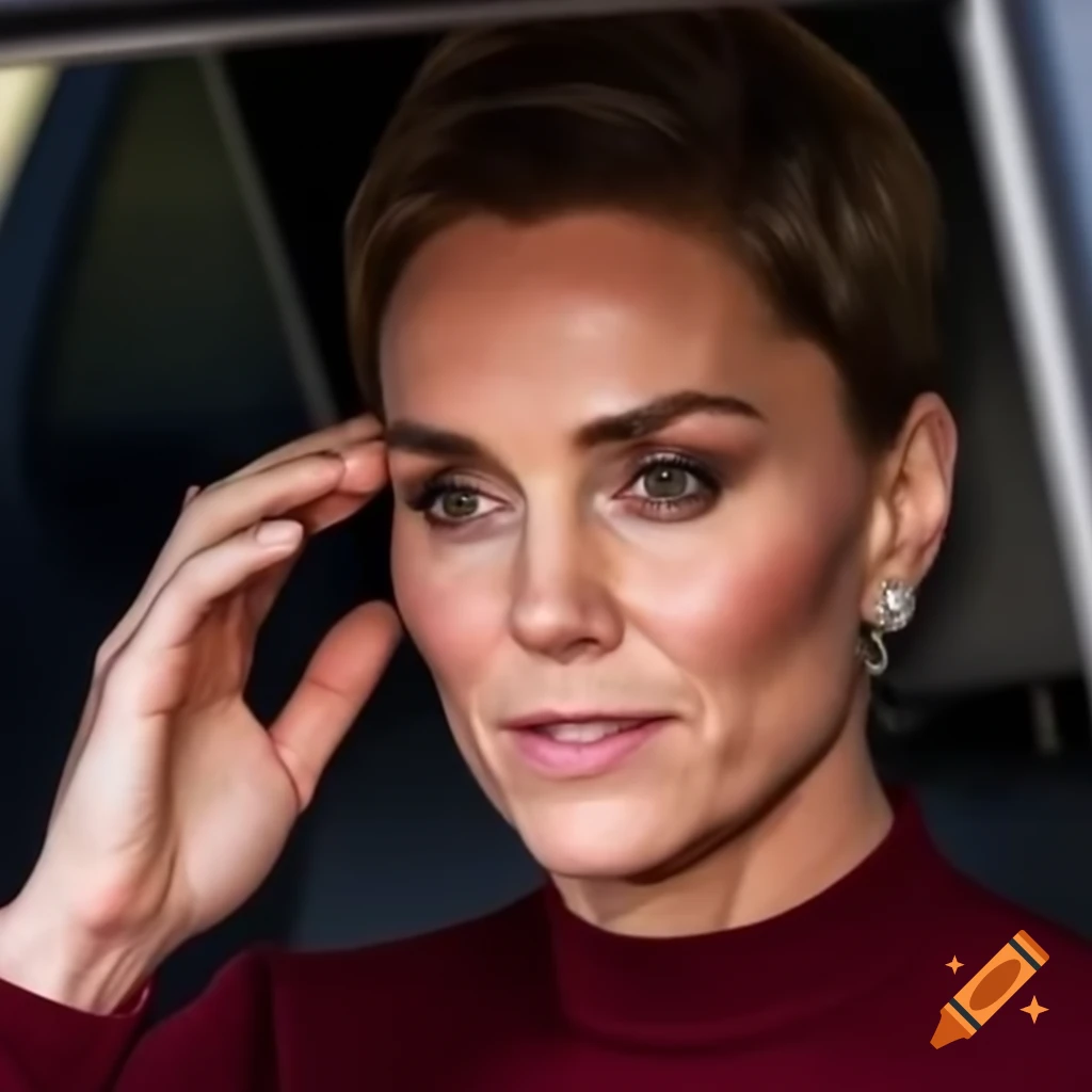Catherine Middleton with pixie cut holding her cut long hair