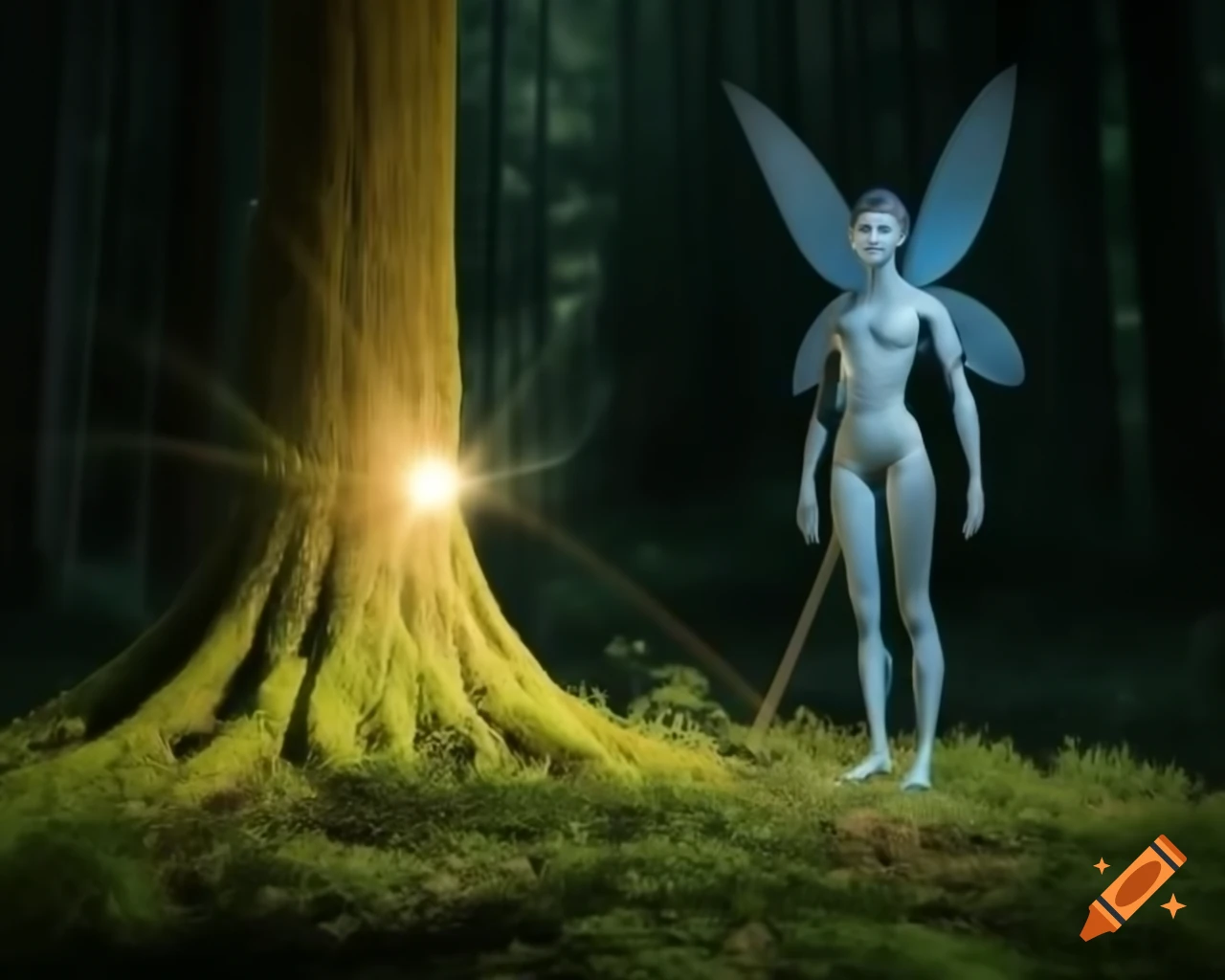 Photorealistic 3D render of a fairy beside a tree in a forest
