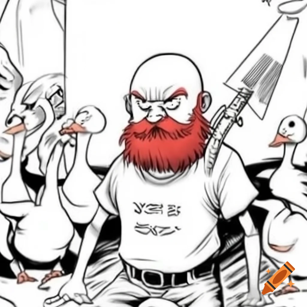 Manga drawing of redheaded man with beard chasing ducks, holding knife and fork, wearing t-shirt