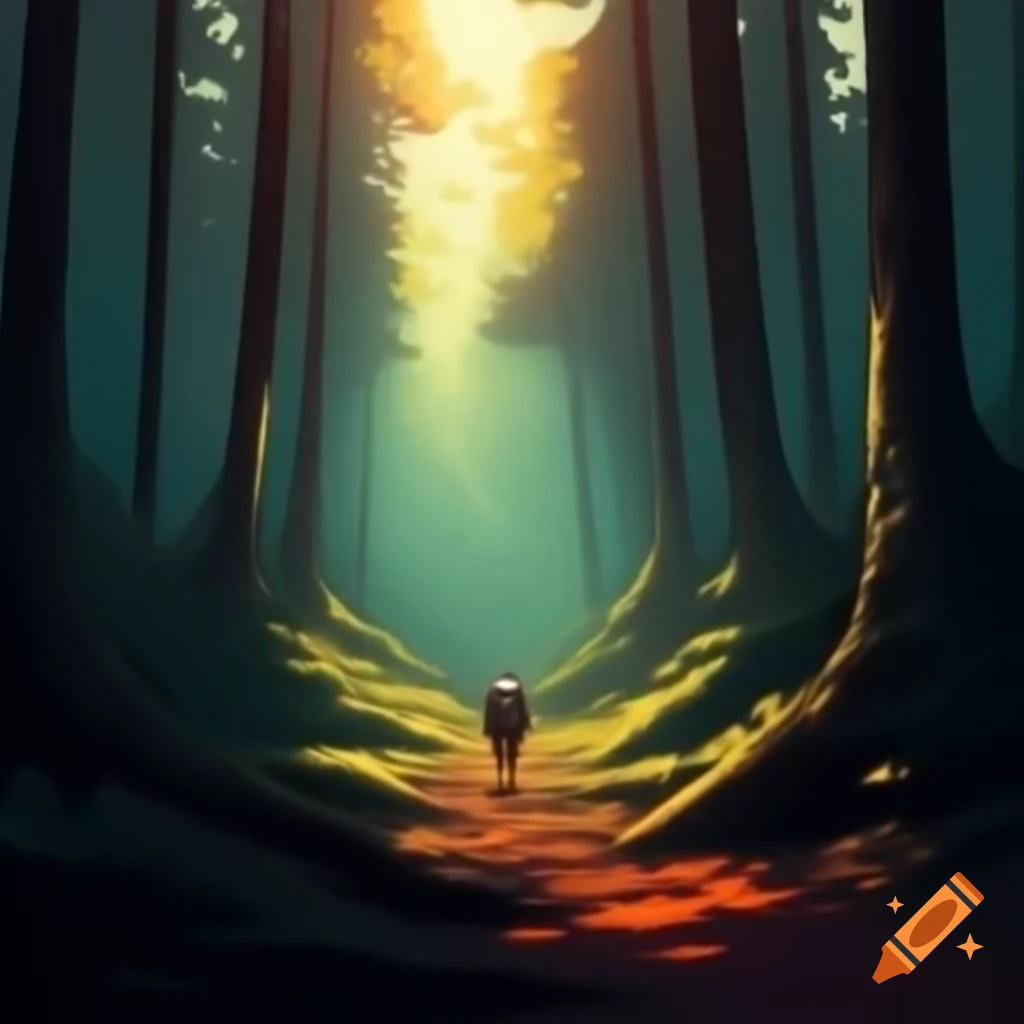 Dense forest with thick trees and minimal sunlight, person carrying heavy backpack