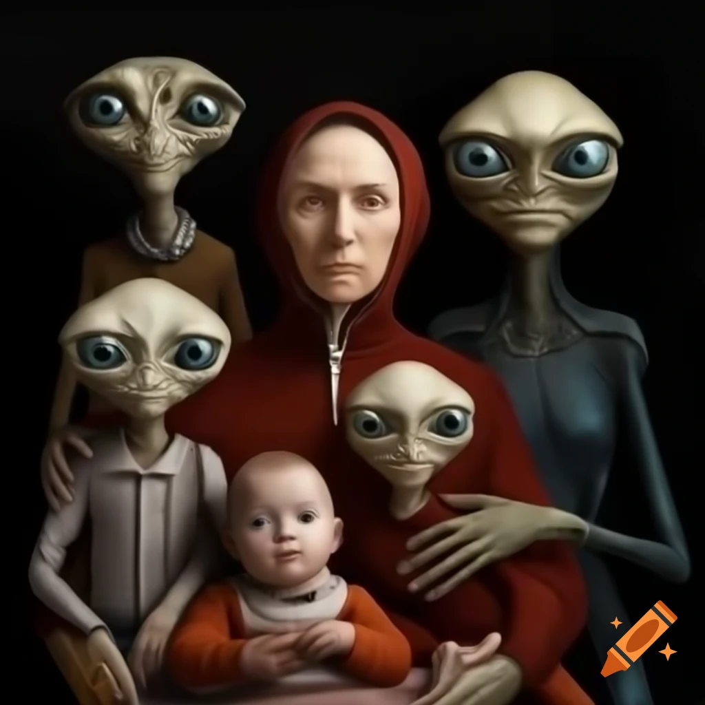 Family portrait featuring a mixed human and alien family