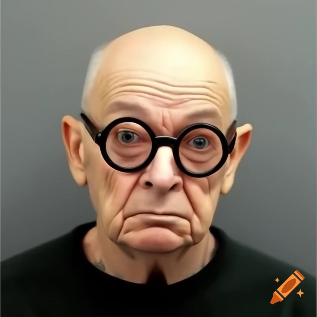 Photorealistic mugshot of a 60-year-old man with unflattering glasses
