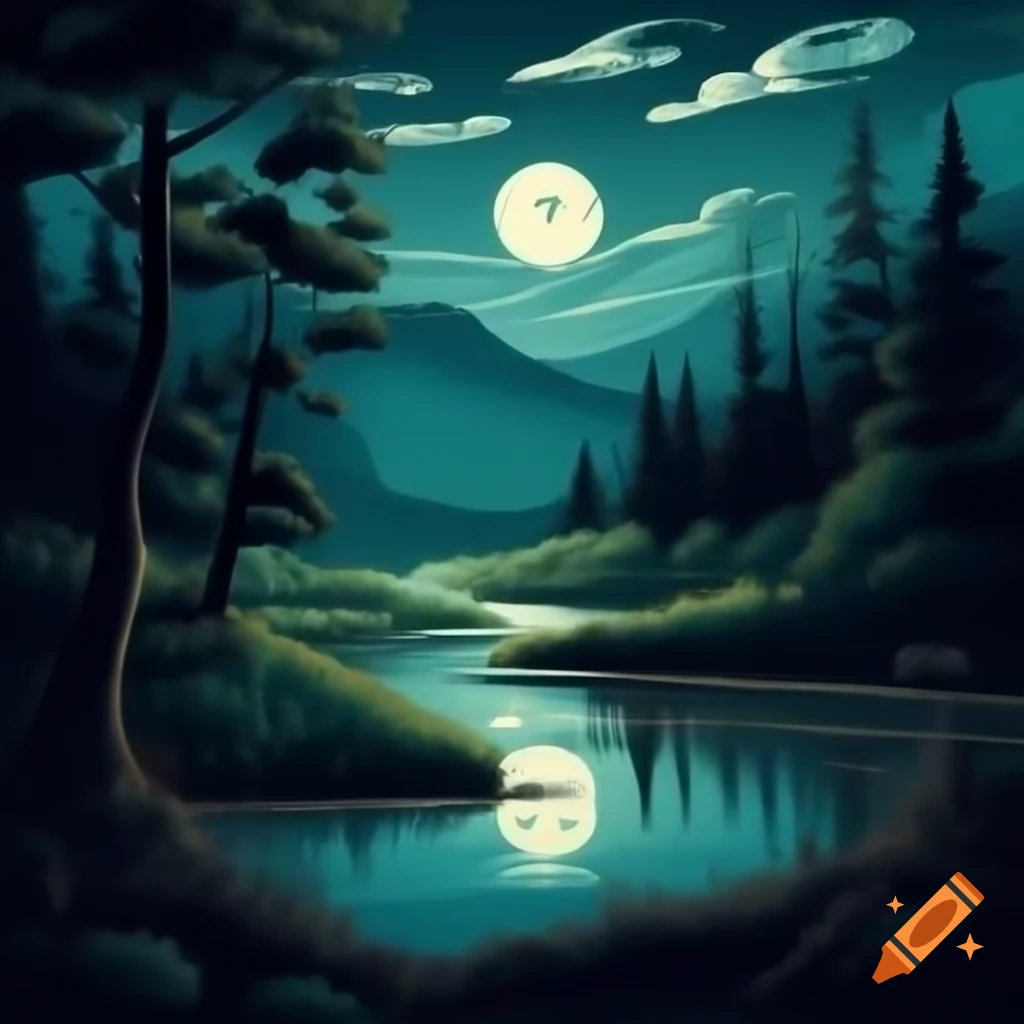 Forest landscape at night with moonlight reflections in water
