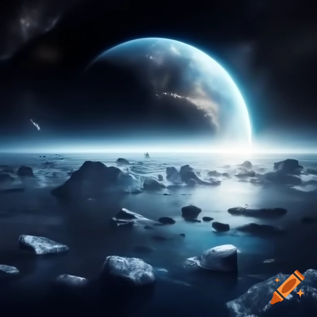 Planet covered in water with thick ice crust and deep ocean depths