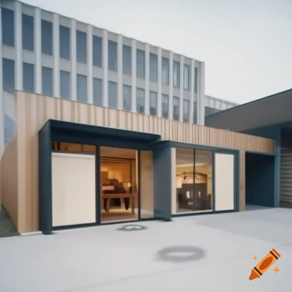 Fachadas de tienda departamental y plaza comercial de dos niveles con materiales metálicos