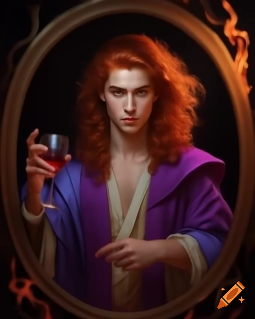 Young French wizard in purple robes holding ruby-hued glass of wine