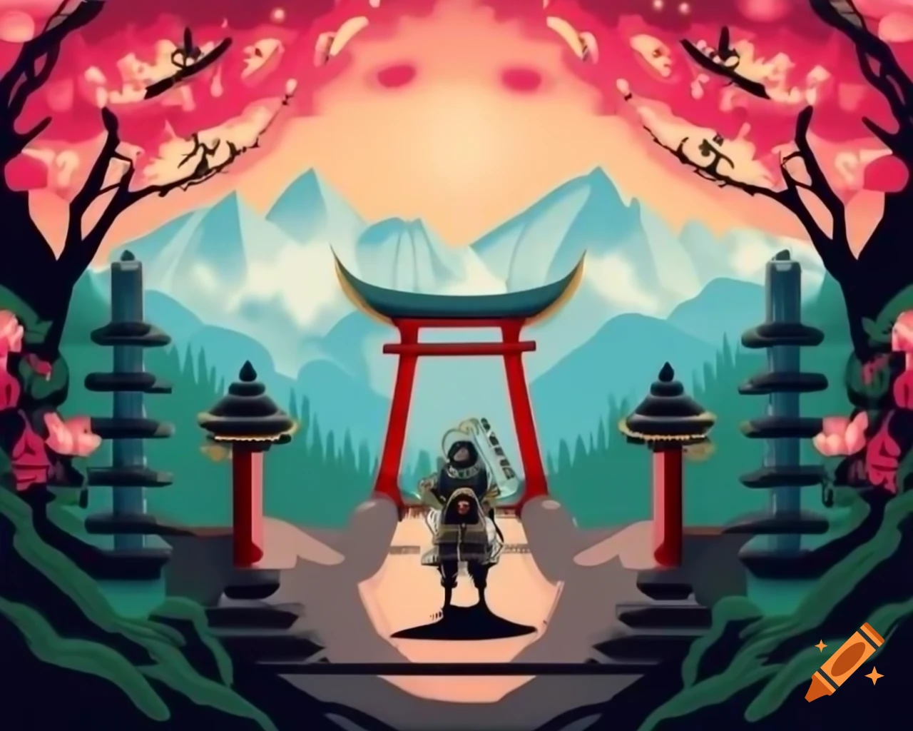 Samurai in armor standing before misty mountains and traditional pagoda