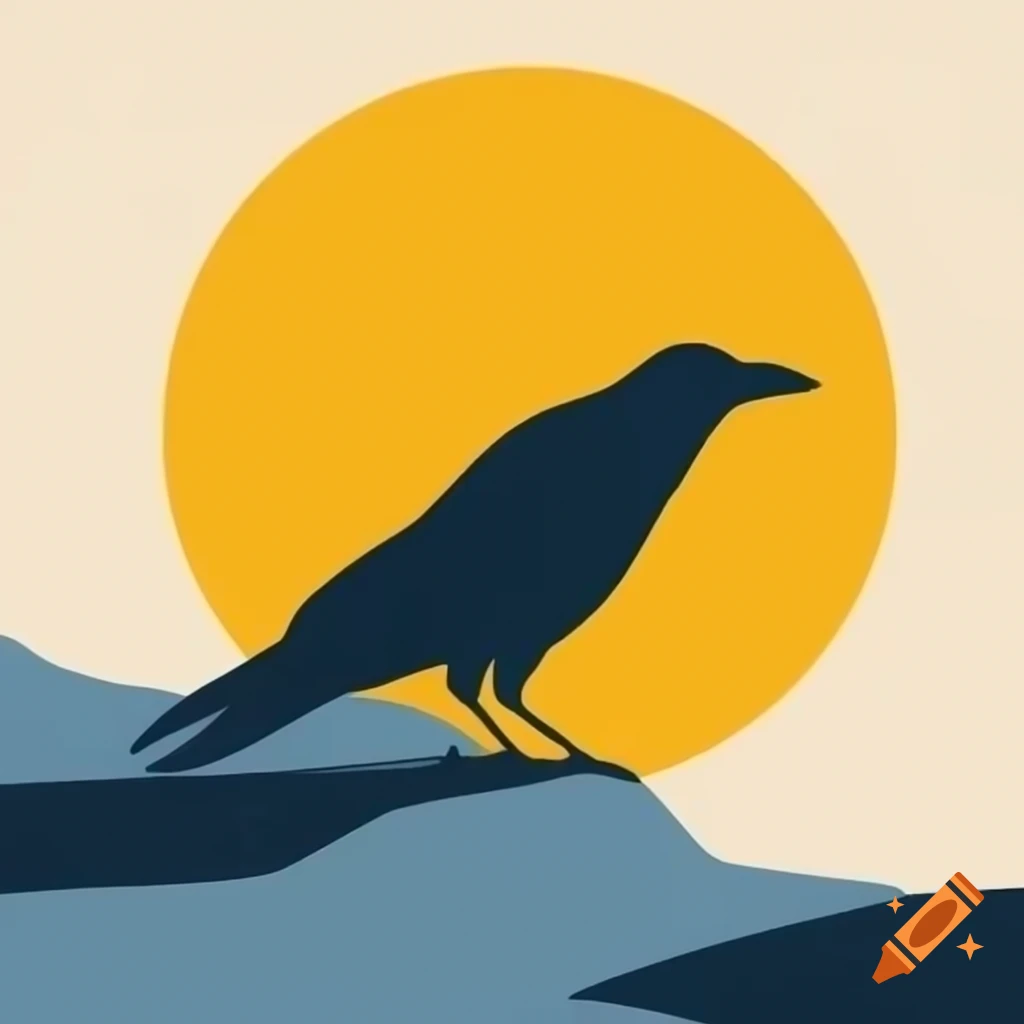 Minimalistic crow flying in front of yellow Mexican stylized sun