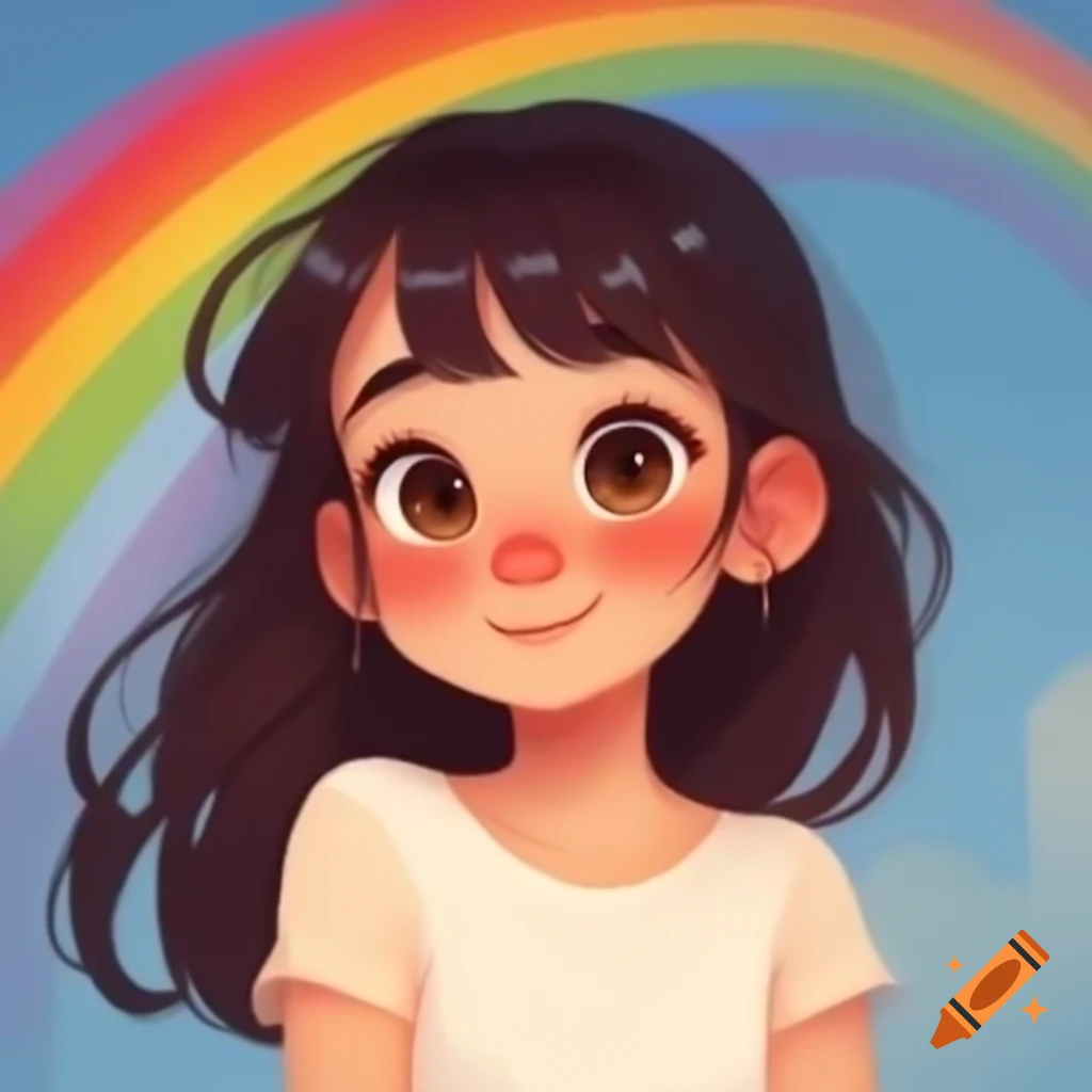 Animated girl with long hair and cute eyes against a rainbow background