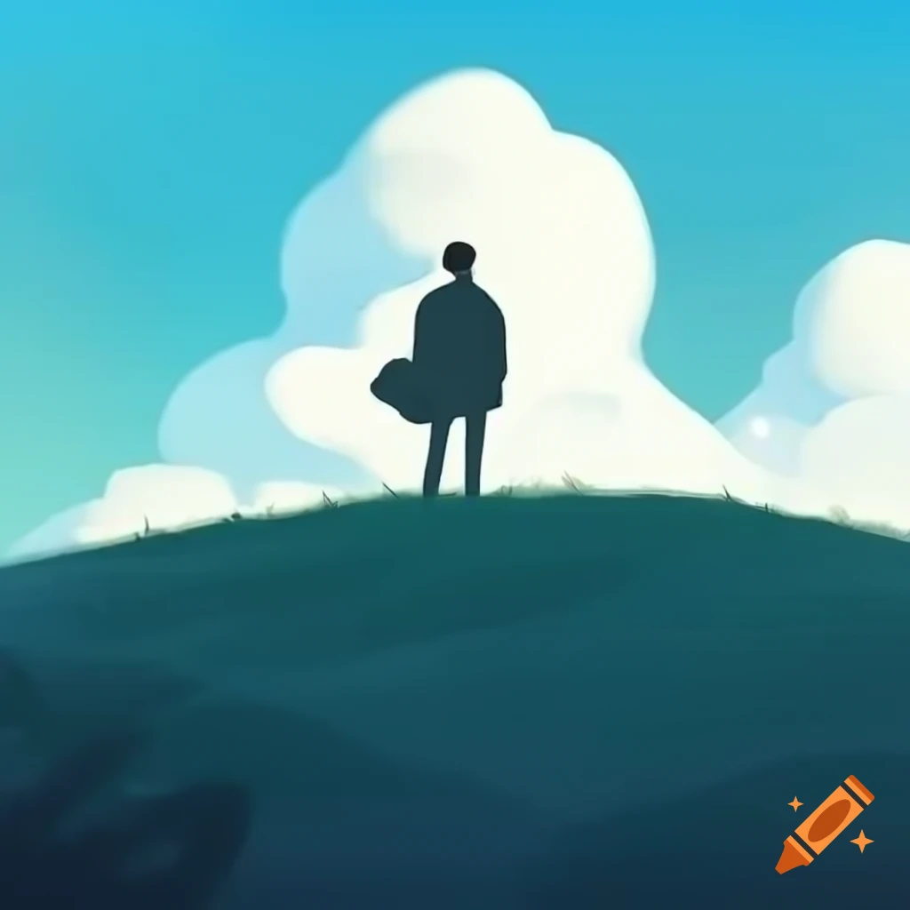 Man standing on hill raising arm towards the sky