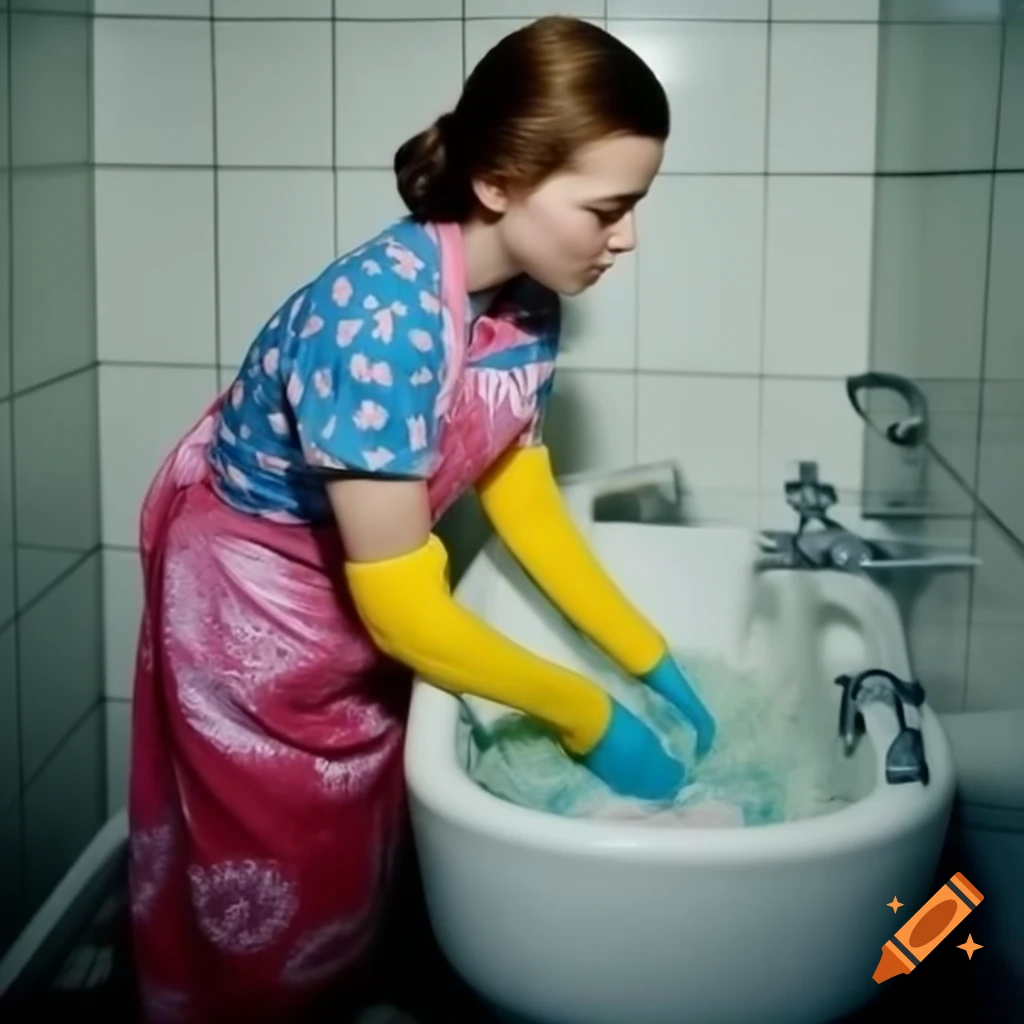 Young woman in floral apron and yellow gloves doing laundry in spacious bathroom