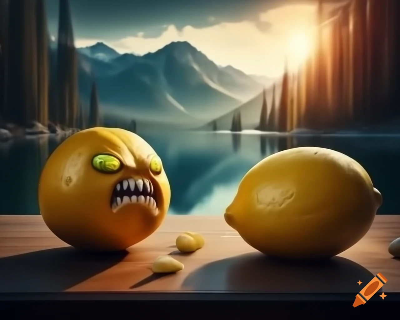 Surreal lemon monster sculpture with human features in forest setting