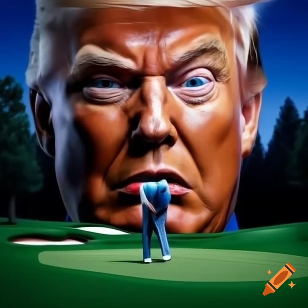 Satirical photorealistic depiction of a humorous scene with a golfer and a giant alligator